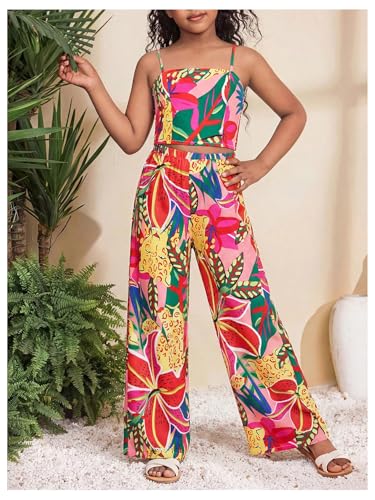 Image of Floerns Girl's 2 Piece Outfit Hawaiian Tropical Crop Cami Tops and Boho Pants Set