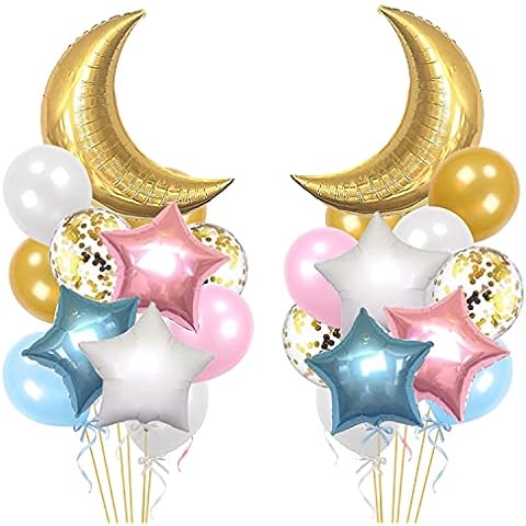 34 PCS Twinkle Little Star Baby Shower Birthday Party Decoration,Moon and Star Mylar Balloons for Gender Reveal Party,Blue Pink White Gold Confetti Latex Balloons Cover