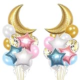 34 PCS Twinkle Little Star Baby Shower Birthday Party Decoration,Moon and Star Mylar Balloons for Gender Reveal Party,Blue Pink White Gold Confetti Latex Balloons