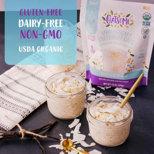 Image of Oatsome Gluten Free Vanilla Coconut Overnight Oats 7.8 Oz, Flax & Chia | Vanilla Coconut Whole Grain Oats, Flax Chia Oatmeal, Protein Breakfast, Quick Overnight Oats, Fiber, Just Add Water