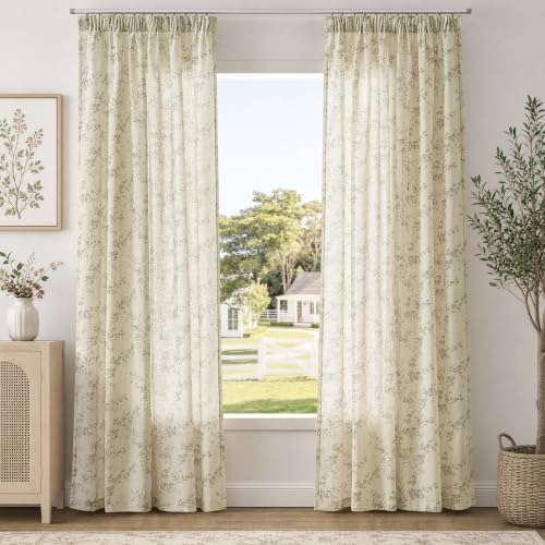 TOPICK Floral Gardinen Leinenoptik Blumen Vorhänge 2er Set Grün H220xB140 | Lichtdurchlässig Gardinen mit Kräuselband Wohnzimmer boho landhausstil blickdicht Vorhänge Schlafzimmer