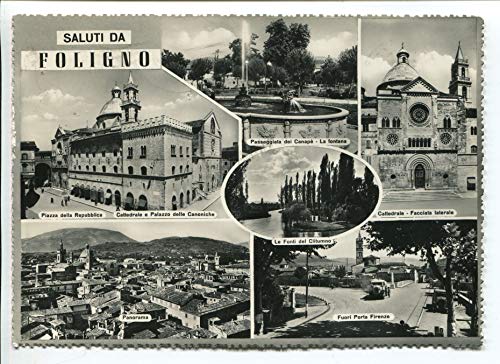 1956 Foligno Piazza della Repubblica Cattedrale Palazzo delle Canoniche Fontana Panorama TIMBRO Pistoia DEST. Montecatini Terme FG B/N VG ANIMATA auto furgoni