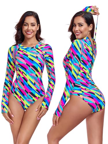 Ocean Blues Women's Lond Sleeves One Piece Bathing Suit Sun Protection Swimwear UV UPF 50+ Rash Guard Zipper Swimsuit2