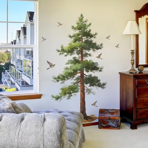 Large Pine Tree Wall Decals for Bedroom Removable Green Tree Wall Stickers Peel and Stick Bird Wall Decor for Living Room Classroom Decorations