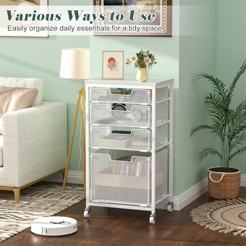 Sbanmao 4 Drawer Rolling File Cart with Wheels, Mobile Filing Cabinet for Home Office, Hanging File Organizer, Under Desk Storage, Multifunctional Utility Cart Printer Stand, White (Patent Pending) - Thumbnail 2