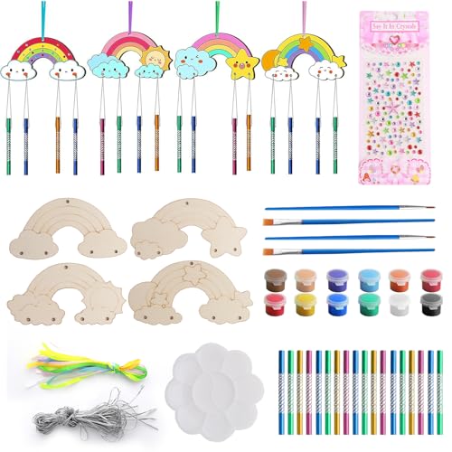 Carillón de Viento para Niños con Pigmento 12 Piezas Campanas de Viento de Madera de Arco Iris Kit de Campanilla de Viento para niños DIY con Paleta Juegos de Manualidades para Niños