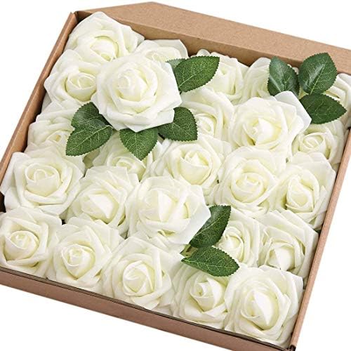 Ancokig Artificial Flowers Rose Real Looking Fuchsia Fake Foam Roses for DIY Wedding Bouquets Centerpieces Bridal Shower Party Home Decoration (Champagner,25pcs)