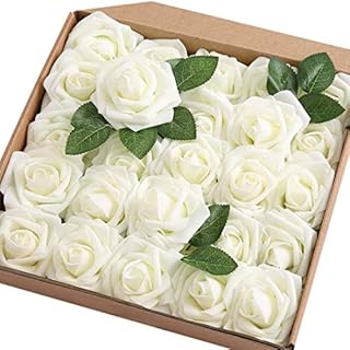 Ancokig Artificial Flowers Rose Real Looking Fuchsia Fake Foam Roses for DIY Wedding Bouquets Centerpieces Bridal Shower Party Home Decoration (Champagner,25pcs)