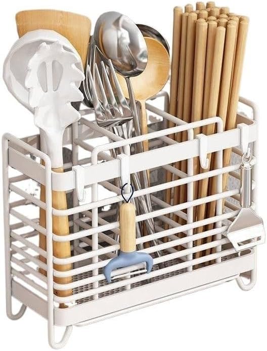 調理器具キャディ 金属中空キッチン用品ホルダー、3つのコンパートメント、壁掛け/カウンタートップ食器乾燥ラック、排水トレイとフック付