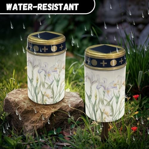 Image of White Flower Cemetery Solar Lights Water Resistant LED Flameless Candle Grave Lights Solar Powered Grave Decor Memorial Gift Outdoor Garden Decor Light for Prayer 2 Pcs