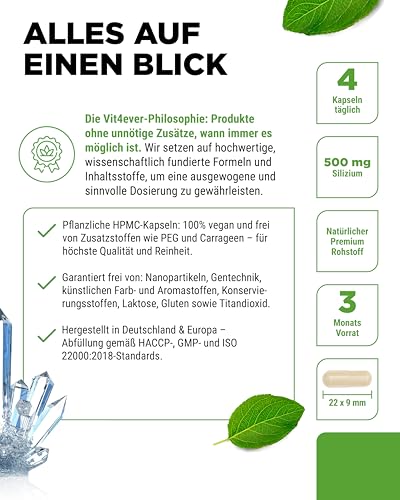 vit4ever Silizium - 365 Kapseln mit 500 mg organisches Silicium pro Tag - Premium: Natürlich gewonnen aus Bambusextrakt - Hochdosiert - Vegan