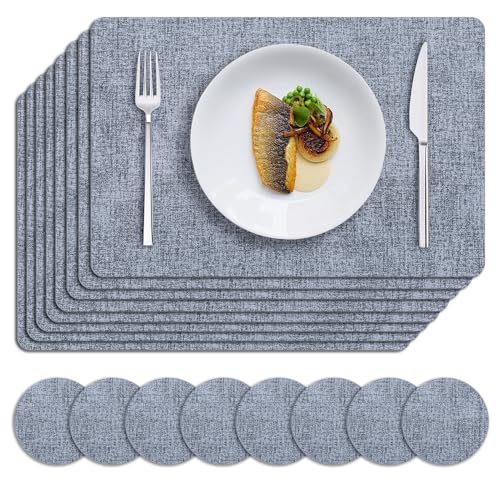 MOSAYT Placemats Set of 8, Heat Resistant Vinyl Place Mats with Coasters, Wipeable Washable 100% Waterproof Oil Proof Faux Leather Table Mats for Kitchen Dining Party Outdoor, 12" x 18", Sky Blue