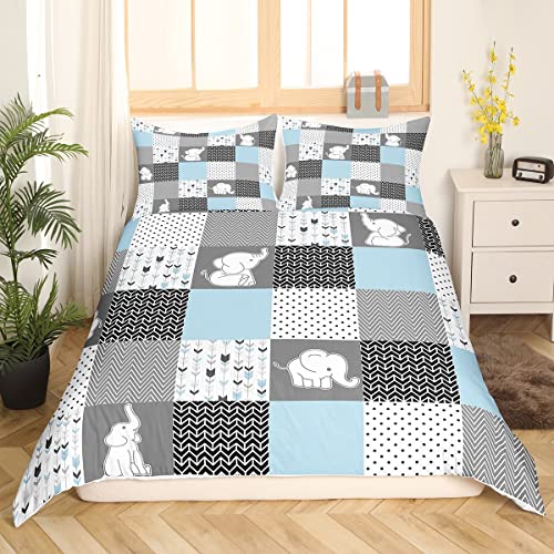 Cute Elephant Bedding Set Twin Size For Kids Boys Bedroom,Kawaii Animals Bed Duvet Cover Set,Wavy Stripes Comforter Cover Blue Grid Stripes Decor 2 Pieces 1 Duvet Cover With 1 Pillowcase No Comforter #TOP2