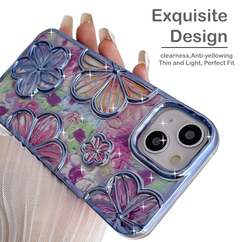 Image of mobistyle Designed for iPhone 14 Plus Cover| Electroplating TPU Bling Colourful Floral 3D Camera Protection Back Cover Case for Girls & Women (Blue Electroplating Flowers)