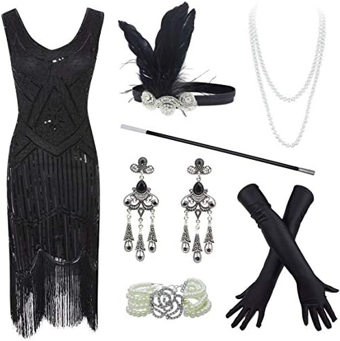 FUNDAISY20s Flapper Gatsby Sequin Beaded Evening Cocktail Dress with Accessories Set