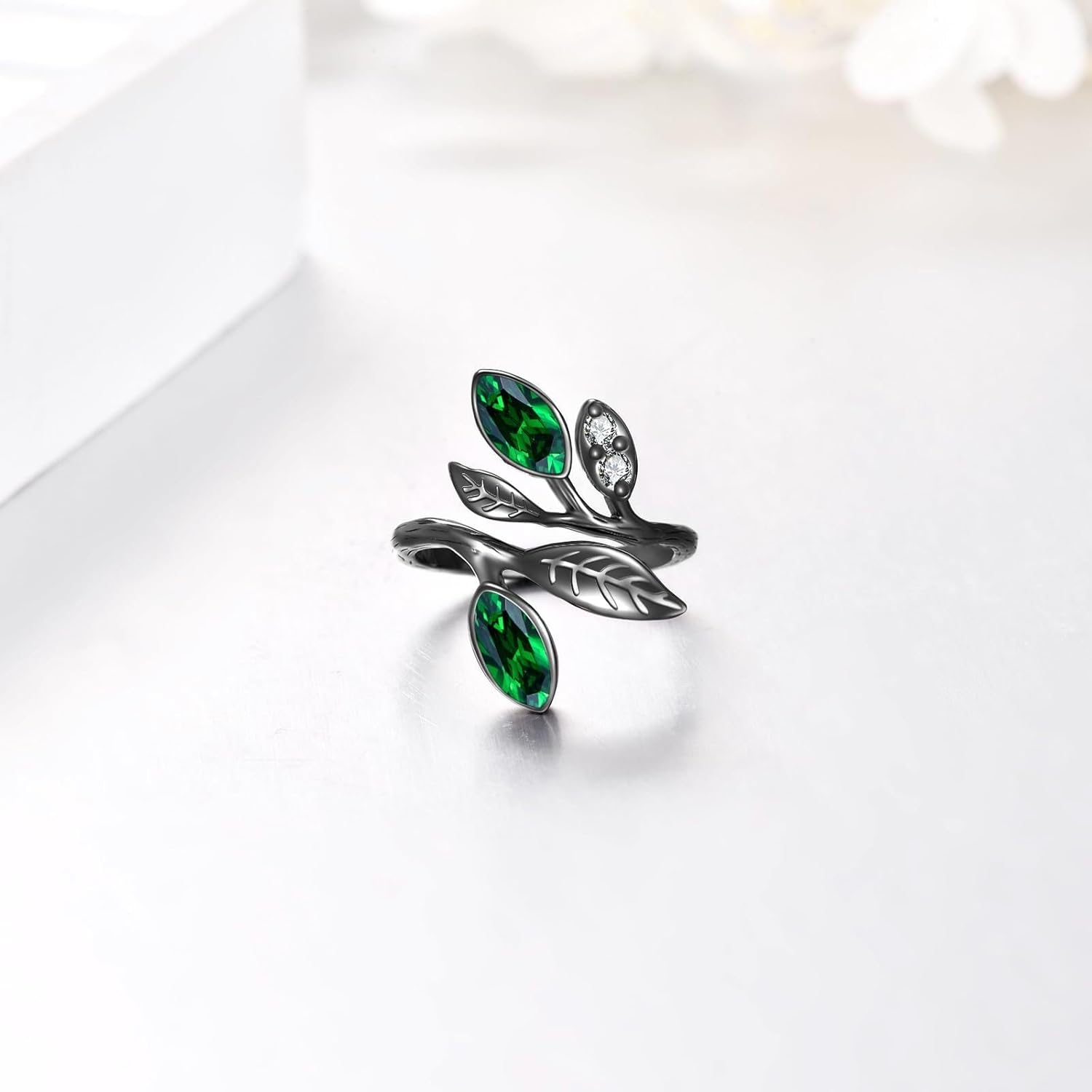 AOBOCO Adjustable Leaf Ring for Women Sterling Silver Leaf Birthstone Rings Christmas Birthday Anniversary Jewelry Gifts for Women Dimensions(6# to 9#) - Image 3
