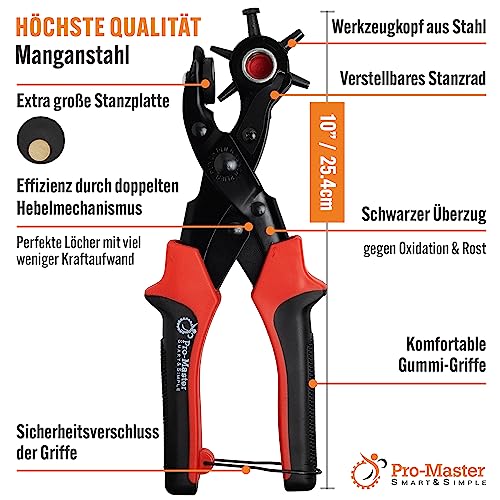 PRO-Master robuste Lochzange für Leder & Gürtel, Komplettset mit 6-Fach Verstellbarer Revolverlochzange 2–4,5 mm, Gürtellocher Set für Hundehalsband, Lederarmband, Stoff, Canvas, Gummi & Kunststoff