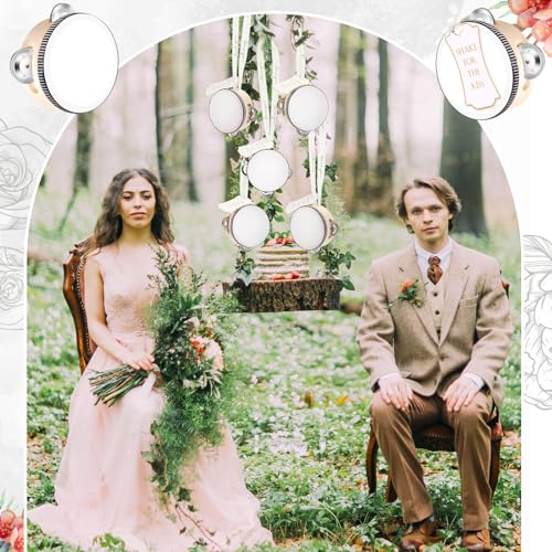 Lukmaa 24 Set 4 Inch Tambourine for Adults Wooden Hand Held Drum with Metal Jingles, Gift Tags, White I Love You Printed Ribbon Percussion Gift Musical Instrument for Church Wedding Party Favor
