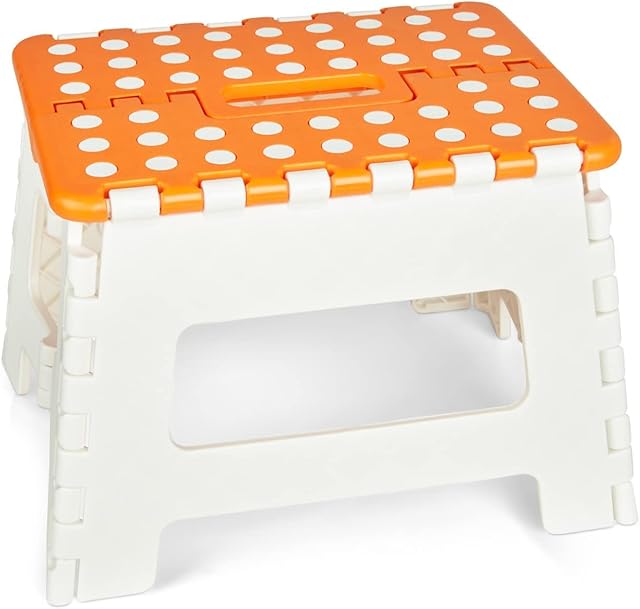 Folding Step Stool - 9 Inches Height, Premium Quality Plastic Foldable Stool - Non-Slip, Portable Folding Stool with Carrying Handle for Kitchen, Bathroom, Garden & Outdoor