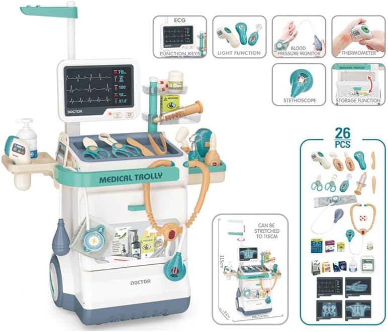 Serena & Jewel Kit for Kids 26 Accessories Pretend Medical Station Set Mobile Cart with Lights, Thermometer, Stethoscope, Role Play Educational Toys for Boys & Girl Kids (26PCS)