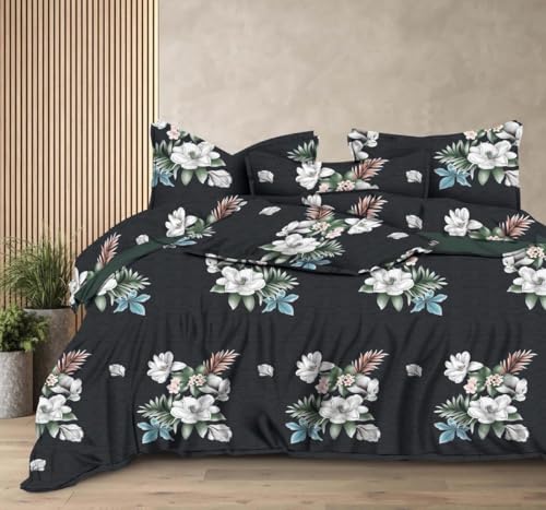 Image of PRISCILLA Reversible AC Comforter Set with Matching Bedsheet & 2 Pillow Covers (4 Pcs Bedding Set) for Double Bed, Glace Cotton (200 GSM, 400 TC) Printed, Reversible, All Seasons, 90x100 Inches, D10