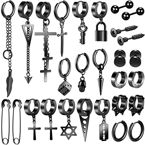 Black Cross Earrings for Men, 28 Pieces Stainless Steel Long Chain Dangle Piercing Hoop Earrings Set for Gifts