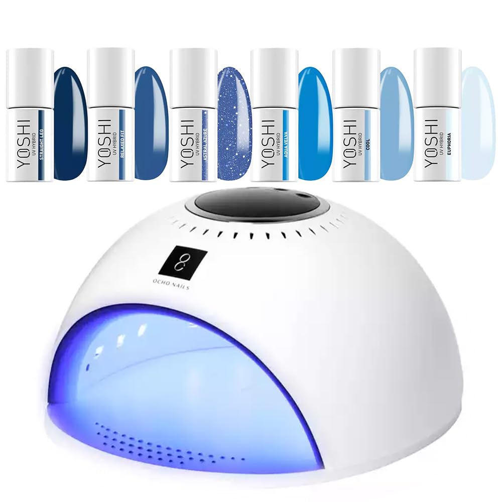 Zestaw lakierów do paznokci UV z lampą – Yoshi Harmony i Trust zestaw do manicure hybrydowego, w zestawie lampa LED UV (niebieski)