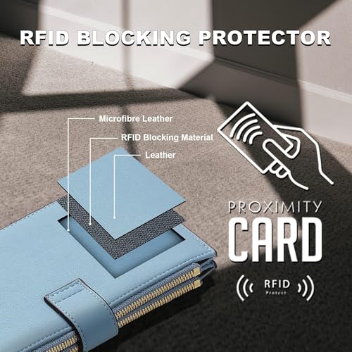 Image of Travelambo Womens Leather Bifold Wallet, Slim RFID Blocking Card Holder | Large Capacity, 16 Card Slots & ID Window, 2 Zipper Pockets, Dual Snap Closure, Slim Lightweight, RFID Privacy Protection