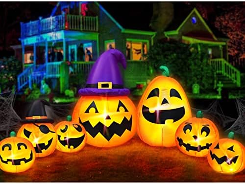 12Ft Extra Large&Long Halloween Inflatables 7 Pumpkins with 2 Witch Hats Outdoor Halloween Decorations with Build-in LED Lights Stakes Blow Up Yard Halloween Decor Outside Party Garden Lawn Holiday