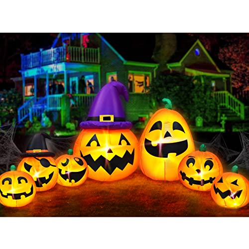 12Ft Extra Large&Long Halloween Inflatables 7 Pumpkins With 2 Witch Hats Outdoor Halloween Decorations With Build-In Led Lights Stakes Blow Up Yard Halloween Decor Outside Party Garden Lawn Holiday #TOP15