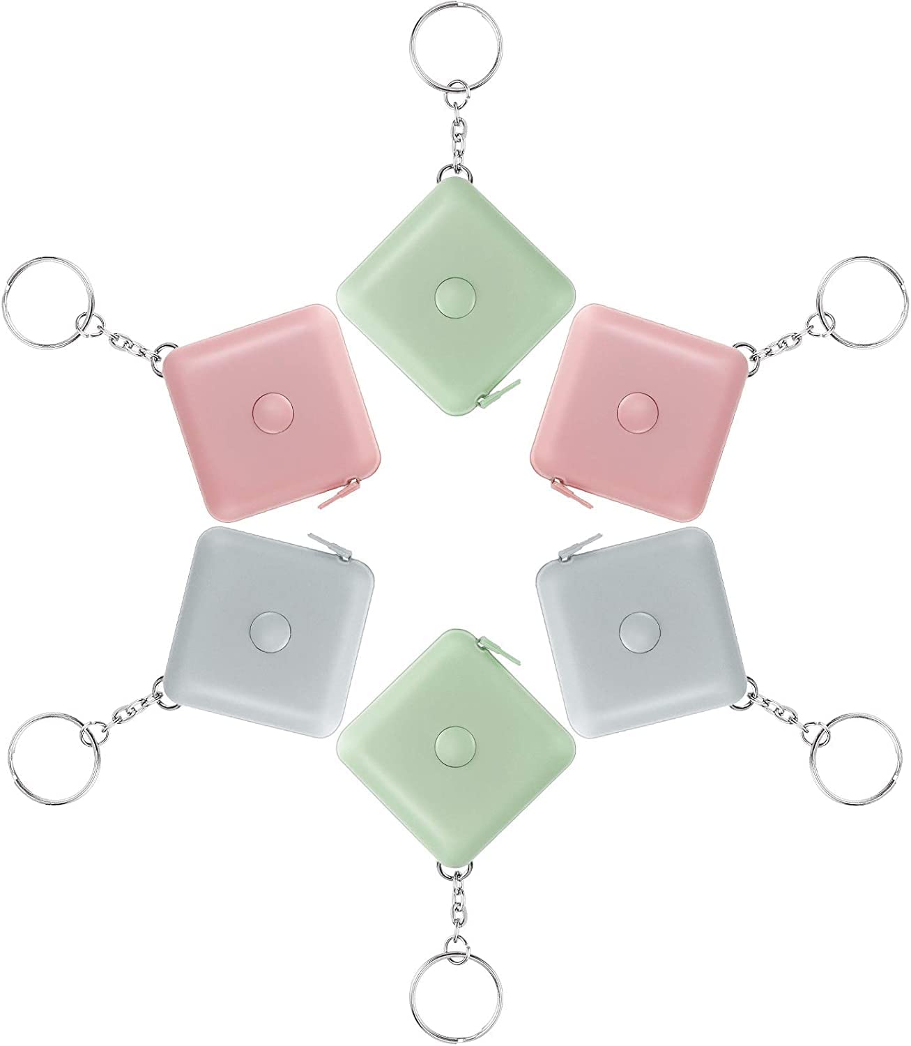 FUNI 6-Piece Soft Retractable Measuring Tape, Mini Push Button, 60 Inch, Multi-Colour, Portable, Pink, Green, Blue, 150 cm with Keyring
