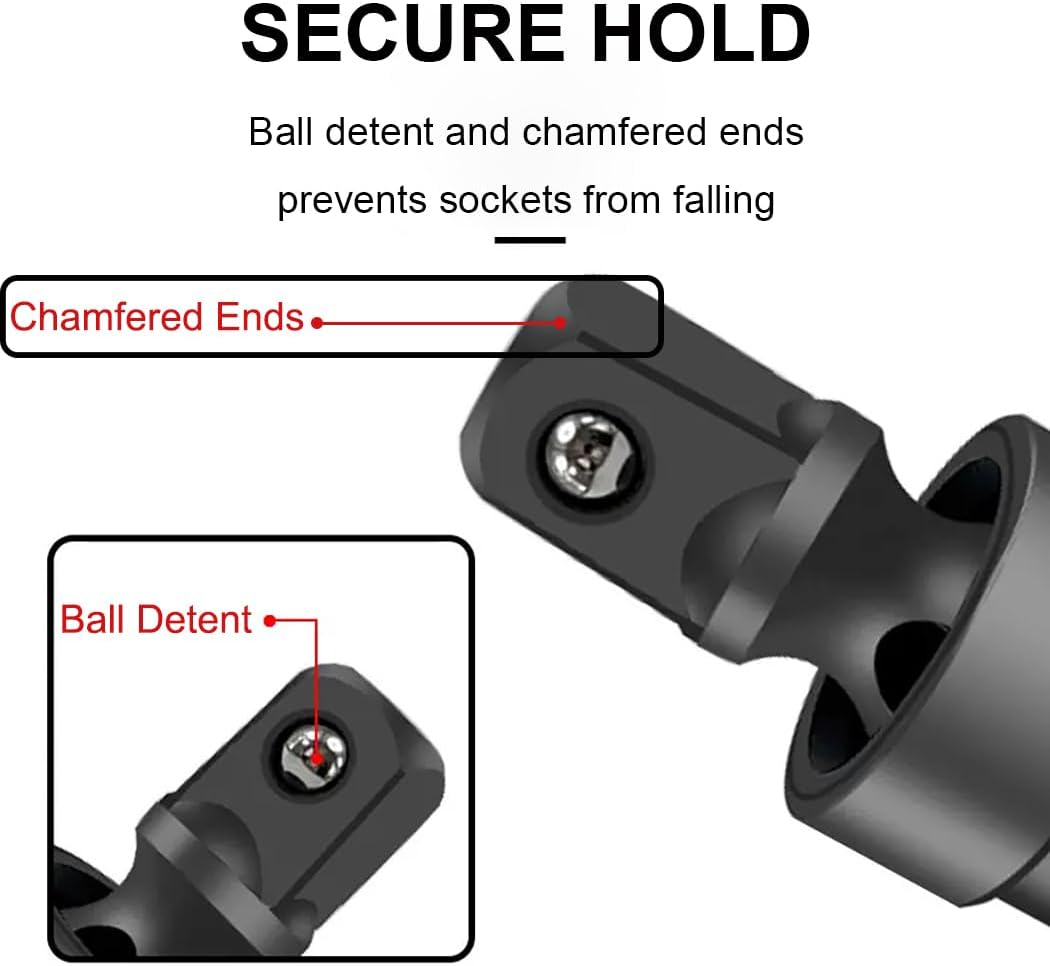 Resze 3PCS Universal Joint Swivel Socket Adapter Set (1/4", 3/8", 1/2"), 360° Rotating, Chrome-Plated Steel, Universal Fit, Anti-Slip Design - Heavy-Duty Automotive & DIY Mechanics Tool Kit