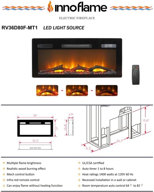 Diagram showing dimensions and features of the Innoflame Electric Fireplace.