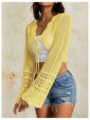 Image of OYOANGLE Women's Crochet Tie Front Sweater Cardigans Bell Sleeve Knitted Cropped Bolero Shrug Cardigan