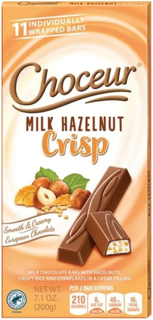 Milk Hazelnut Crisp Smooth & Creamy European Chocolate, Milk Chocolate Bars with Hazelnuts, Crispy Rice and Cornflakes in a Crème Filling 7.1oz (200g)