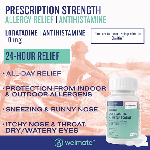 WELMATE - Allergy Relief - Loratadine 10 mg - 24 Hour Relief Antihistamine - Non Drowsy - Runny Nose - Sneezing - Itchy Nose & Throat - Watery Eyes - Indoor & Outdoor Allergy Medication - 365 Count - Thumbnail 2