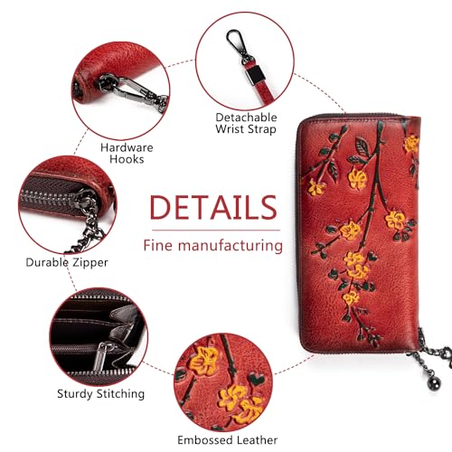 Image of Wallet Genuine Leather for Women - with RFID Blocking Card checkbook ID Slot Large Capacity Vintage style (flower red)