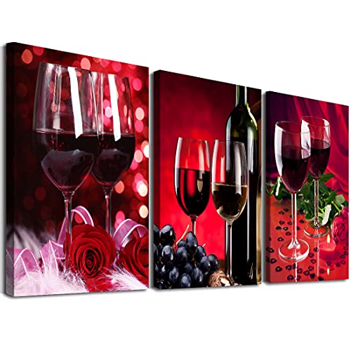 3 Piece Canvas Wall Art Modern Red Wine Rose Pictures Grape Cups Painting Food Glass Photograph Framed Walls Decor Print Romantic Vintage Artwork For Dining Room Restaurant Kitchen Wall Decor 12"X16" #TOP14
