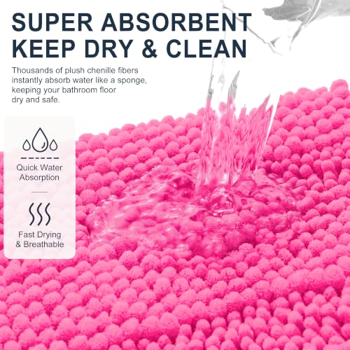 Image of Smiry Thick Chenille Bathroom Rugs 30x20, Extra Soft Absorbent Striped Bath Mat, Machine Washable, Rubber Backing, Bath Rugs for Bathroom, Tub & Shower, Home Decor Accessories, Hot Pink