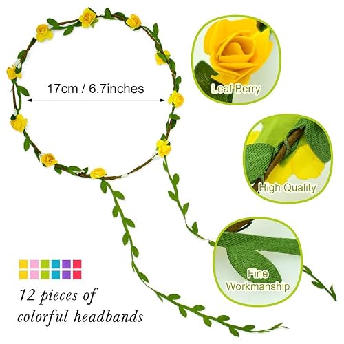 Legigo 12 Pieces Multicolor Flower Wreath Crown Headband For Women Girls Brides - Assorted Colored Flower Crown Garland Headbands For Festival Wedding Party Vacation Photography Props #TOP2