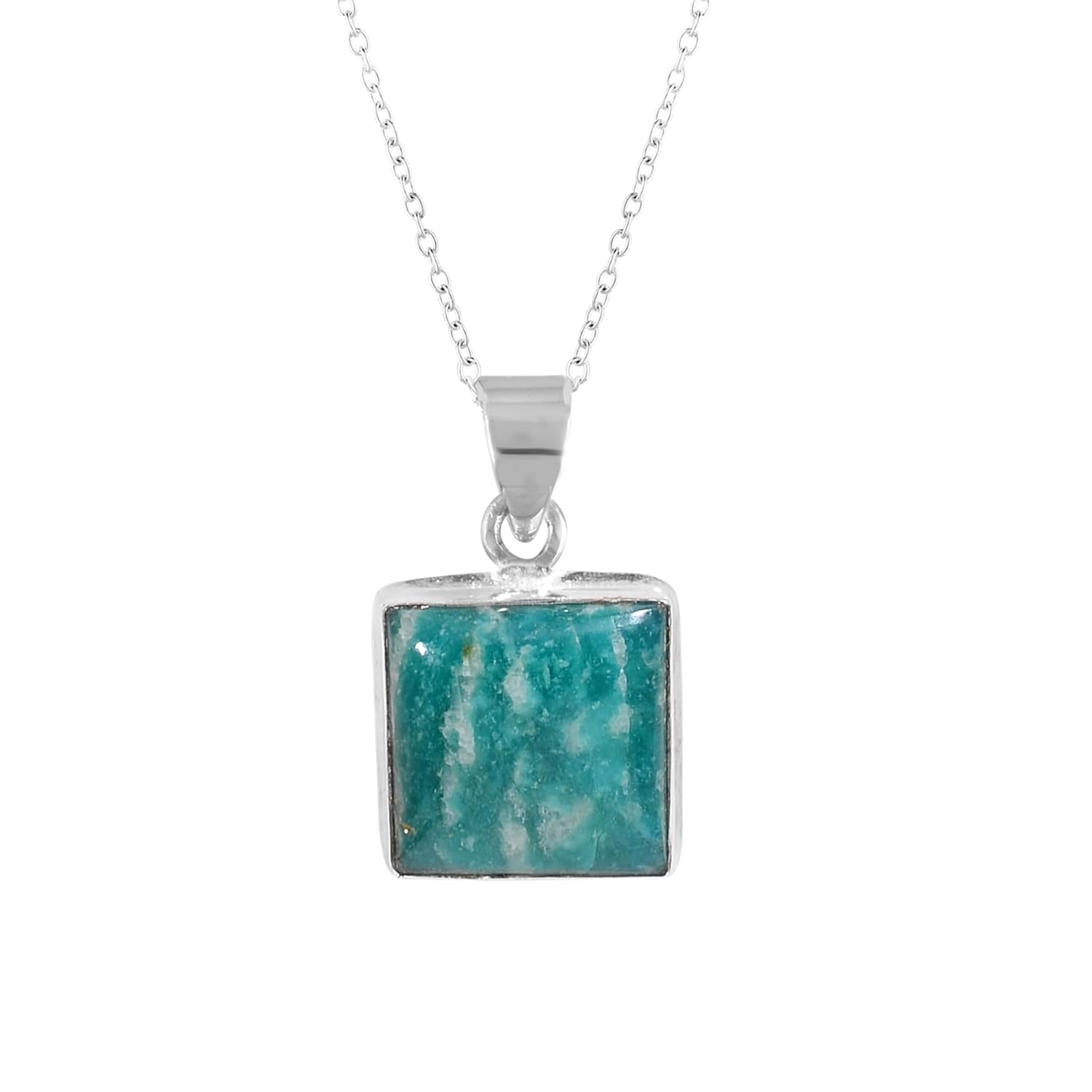 YASHEE Natural Amazonite Square Shape Crystals Pendant Necklace, Chakra Reiki Energy Healing Gemstone, Real Crystal, Birthstone, Beautiful Women Simple Jewelry, Silver Plated Jewelry 18 inch