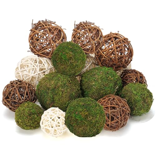 Usmola USMOLA-18 18Pcs Decorative Balls For Centerpiece Bowl - 6Pcs Fake Moss Balls + 12Pcs Rattan Wicker Balls, Artificial Moss Decorative Balls Vase Fillers thumb #1