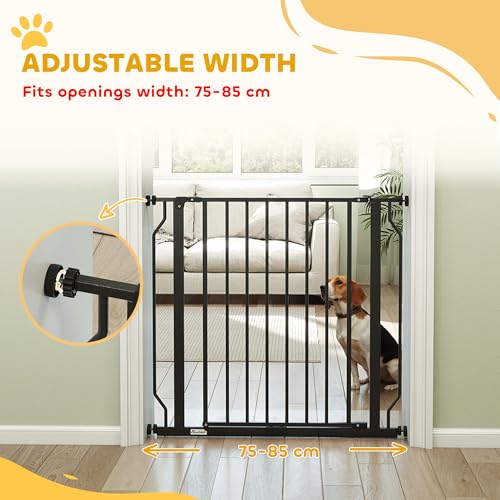 PawHut Dog Gate Wide Stair Gate w/Door Pressure Fit, 75-85W cm, Black - Image 3
