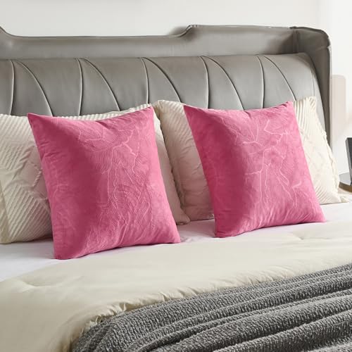 Image of FUTEI Pack of 2 Velvet Throw Pillow Covers 22x22 Inch Soft Embossed Leaf-Relief Textured Decorative Cushion Cases Modern Natural Farmhouse Accent for Couch Bed Living Room, Hot Pink