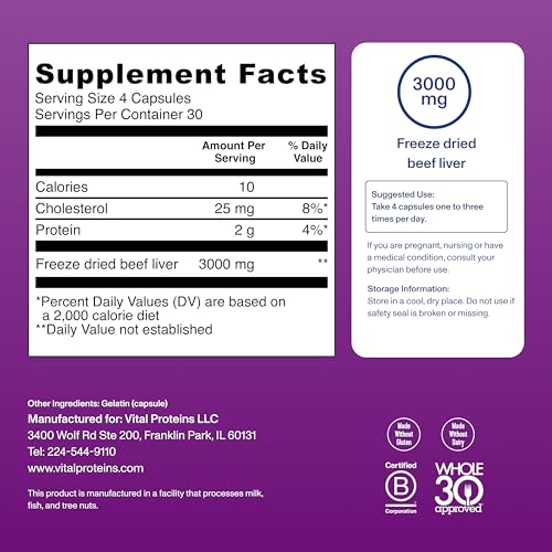 Vital Proteins Grass Fed Beef Liver Capsules, Desiccated Liver Supplement, 750mg Liver Pills, 120 Count