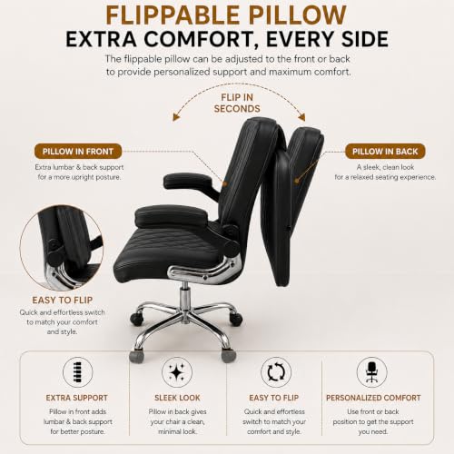 Image of Furnitures Flip Executive Office Chair with Flippable Pillow | Ergonomic Leatherette Computer Chair | Height Adjustable Revolving Chair with Chrome Base |, Black