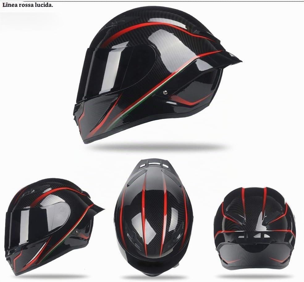 Casco Integrale in Fibra di Carbonio con Doppia Visiera, Casco Integrale da Moto da Corsa per Scooter per Adulti D,L=59-60cm