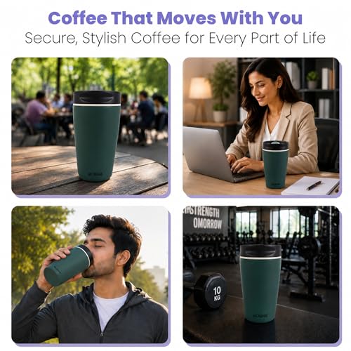 Image of Rioware Vacuum Insulated Coffee Mug Travel Tumbler for Men | Tea Thermos Flask Mugs | Temperature Control Traveling Spill Proof Sipper Bottle | Hot 8 Hrs & Cold 12 Hrs - 350ml - Green