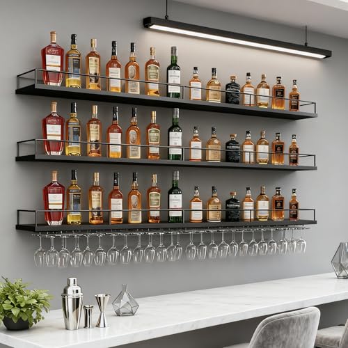FKKPRVAX 160CM Portabottiglie Da Parete in stile industriale con luce a LED, 3 Livelli moderno porta vino in metallo con portabicchieri, per cucina, bar, caffetteria e arredamento per la casa (Nero)