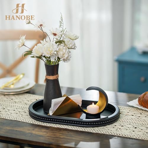 Hanobe Serving Wooden Decorative Tray: Black Beaded Oval Coffe Table Tray for Centerpiece Decor - Image 2